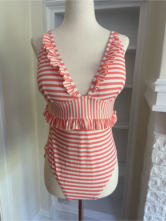 J. Crew Other - J. Crew, Size 14, Pink and White Striped Ruffle One-Piece Swimsuit